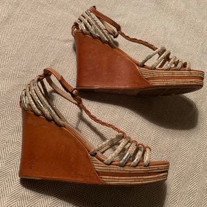 FRYE Leather T-Strap Wedges Snakeskin